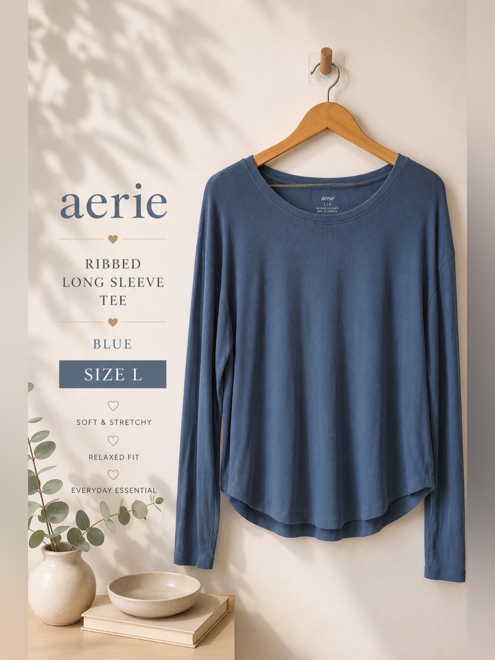Aerie Ribbed Long Sleeve Boat Neck Tee Blue Size L